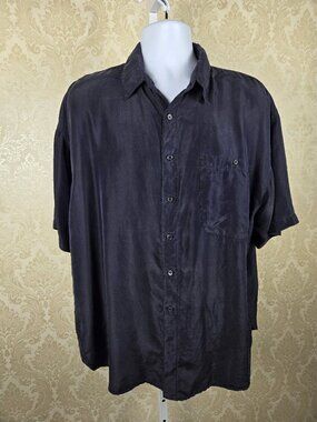 Silk Society Sz Large Black Button Up Shirt 100% Silk Short Sleeve Chest Pocket